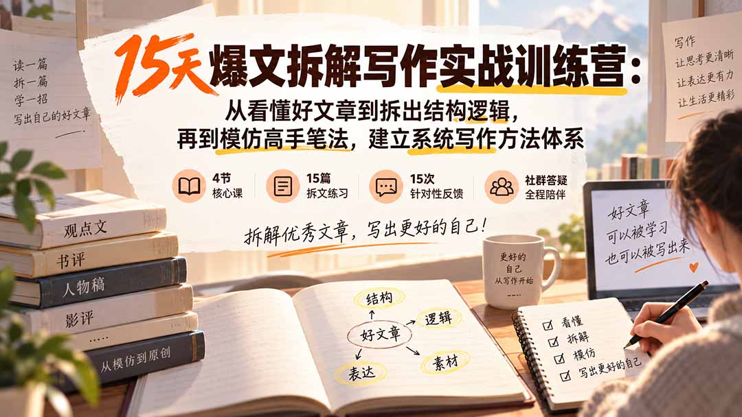 15天爆文拆解写作实战训练营:从看懂好文章到拆出结构逻辑,再到模仿高手笔法,建立系统写作方法体系