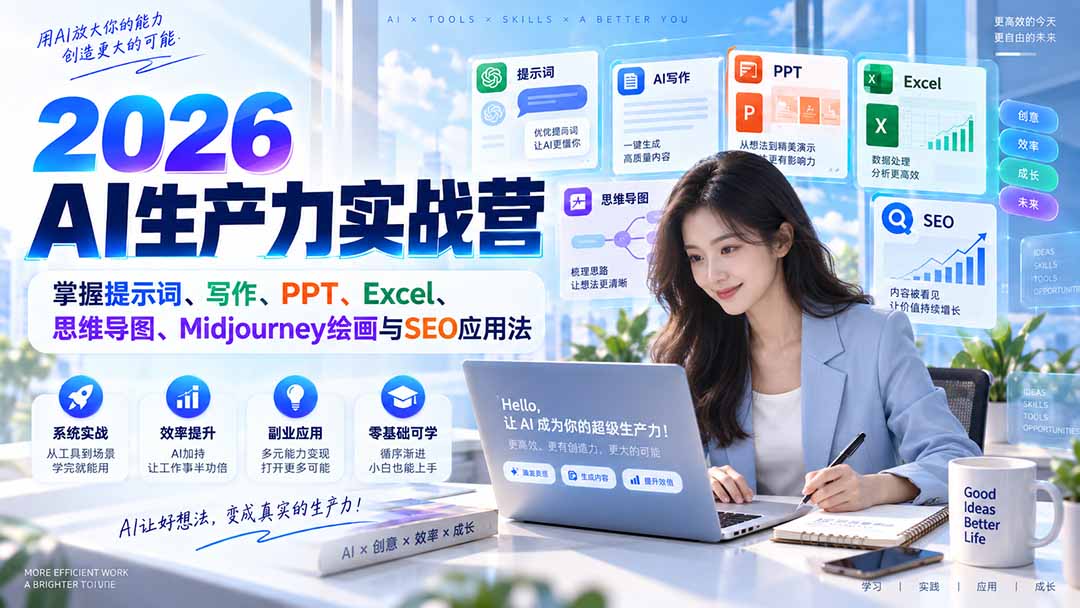 2026AI生产力实战营：掌握提示词、写作、PPT、Excel、思维导图、Midjourney绘画与SEO应用法