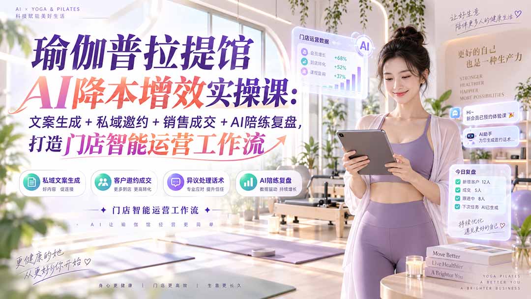 瑜伽普拉提馆AI降本增效实操课：文案生成+私域邀约+销售成交+AI陪练复盘，打造门店智能运营工作流