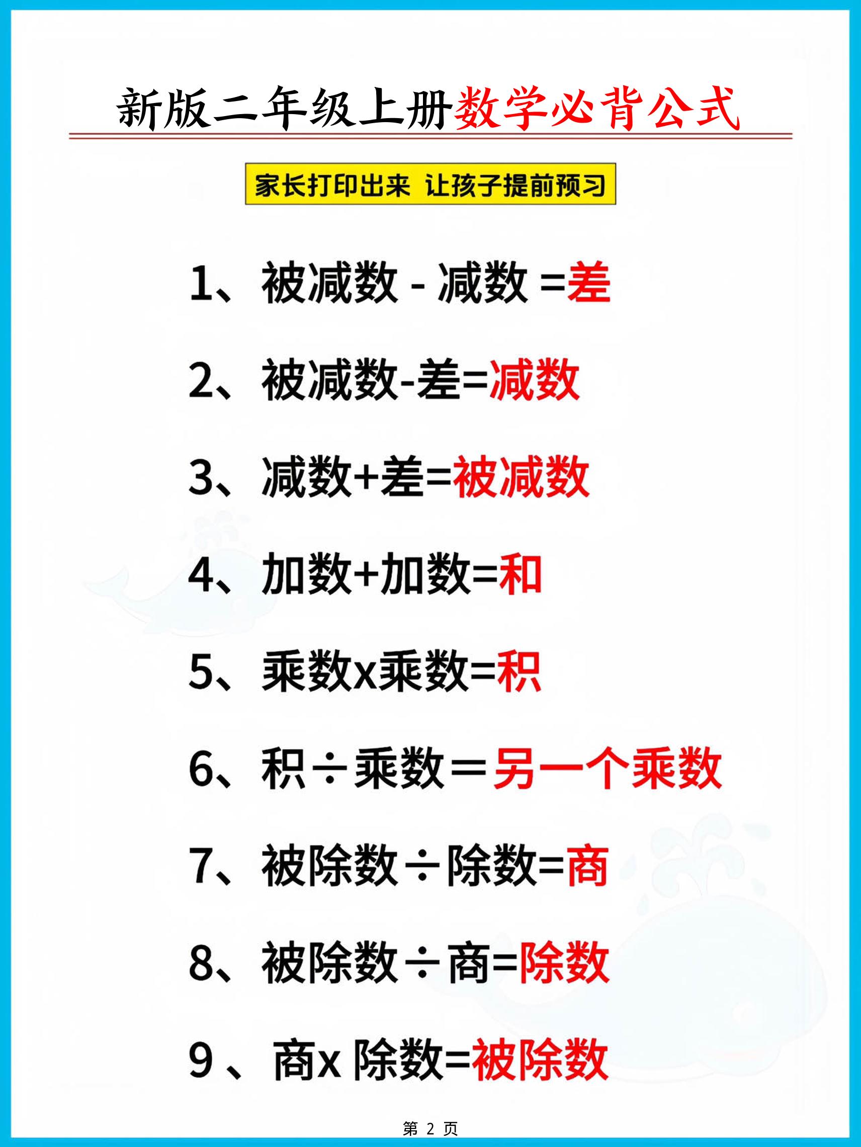 二上人教版数学【2026秋新版-必背公式知识点汇总（8页）】