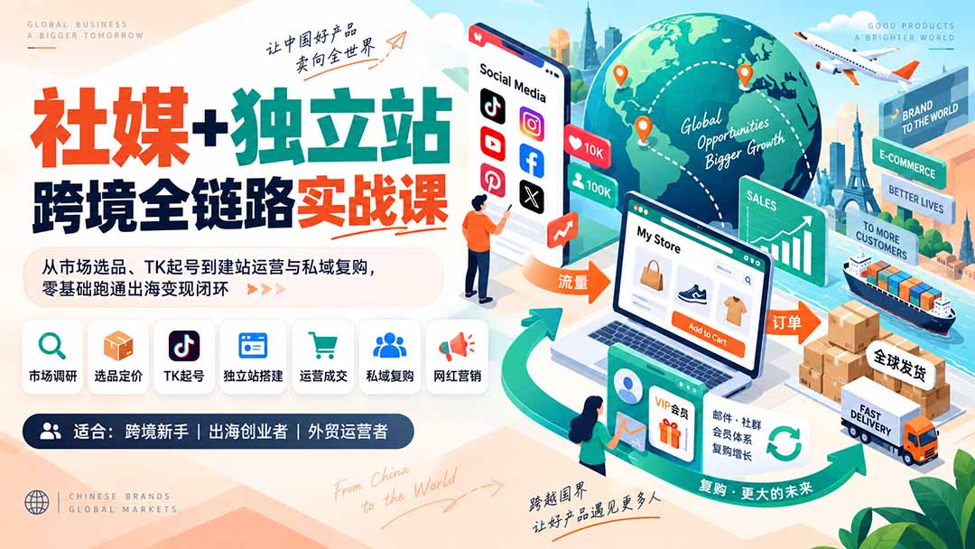 社媒+独立站跨境全链路实战课：从市场选品、TK起号到建站运营与私域复购，零基础跑通出海变现闭环