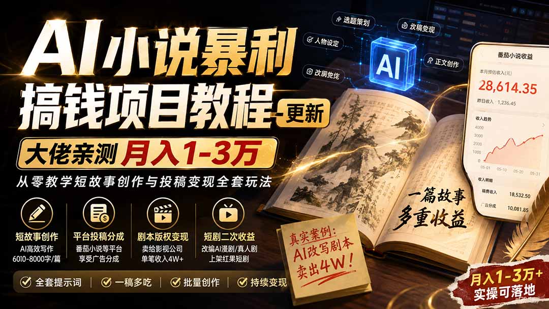 AI小说短故事暴利搞钱项目教程-更新,大佬亲测月入1-3万,从零教学短故事创作与投稿变现全套玩法