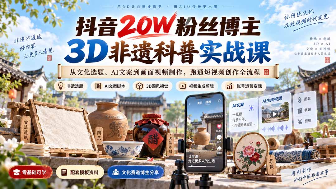 抖音20W粉丝博主3D非遗科普实战课：从文化选题、AI文案到画面视频制作，跑通短视频创作全流程