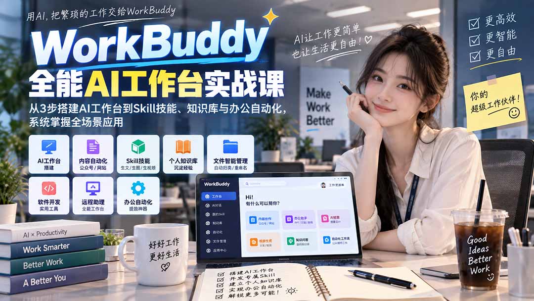 WorkBuddy全能AI工作台实战课:从3步搭建AI工作台到Skill技能、知识库与办公自动化,系统掌握全场景应用