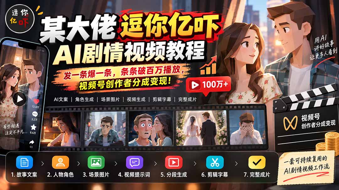某大佬逗你亿吓AI低模剧情视频制作教程:发一条爆一条,条条破百万播放,利用视频号创作者分成变现!