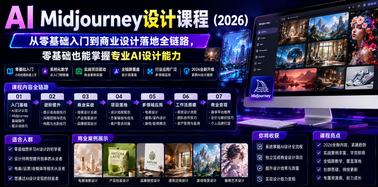 AI Midjourney设计课程(2026)，从零基础入门到商业设计落地全链路，零基础也能掌握专业AI设计能力(更新0913)