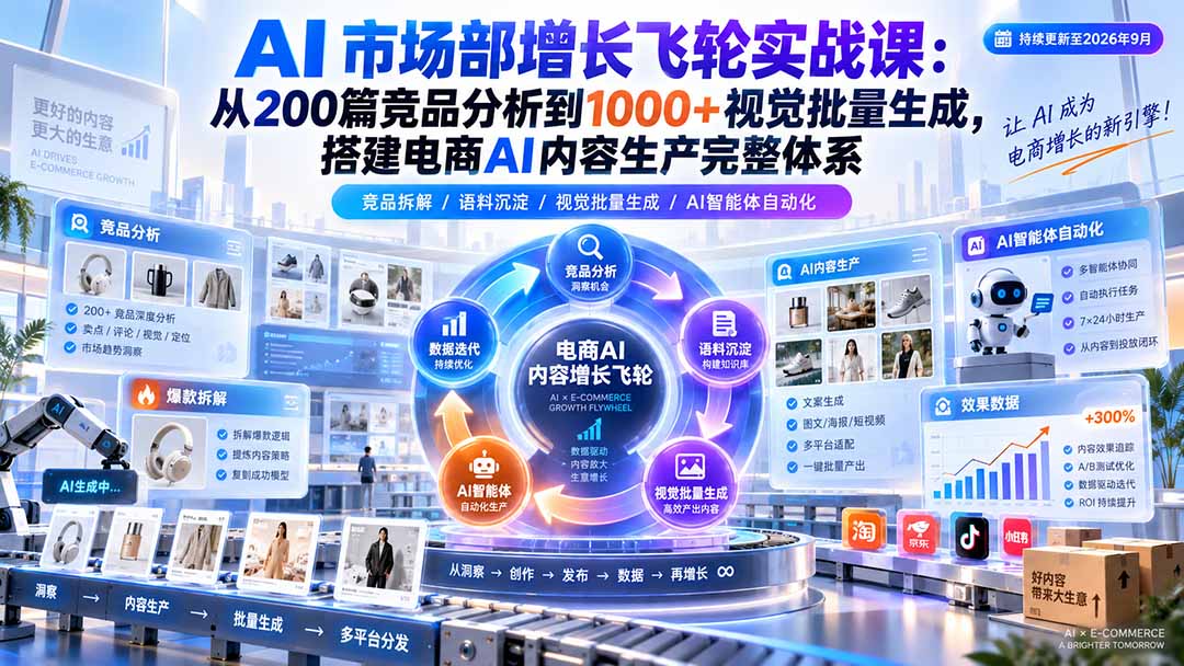 AI 市场部增长飞轮实战课：从200篇竞品分析到1000+视觉批量生成，搭建电商AI内容生产完整体系