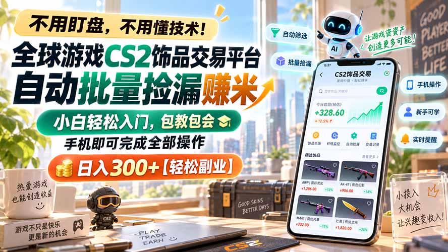 全球游戏CS2饰品交易平台自动批量捡漏赚米,小白轻松入门,包教包会,手机即可完成全部操作,日入300+【轻松副业】
