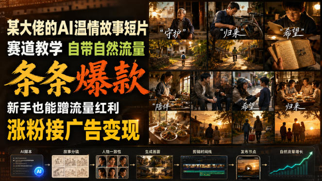 某大佬的AI温情故事短片赛道教学，自带自然流量，条条爆款，新手也能蹭流量红利，涨粉接广告变现(更新)