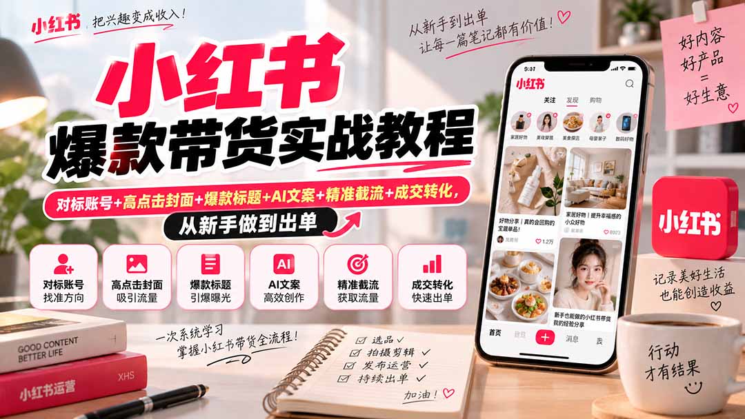 小红书爆款带货实战教程｜对标账号+高点击封面+爆款标题+AI文案+精准截流+成交转化，从新手做到出单
