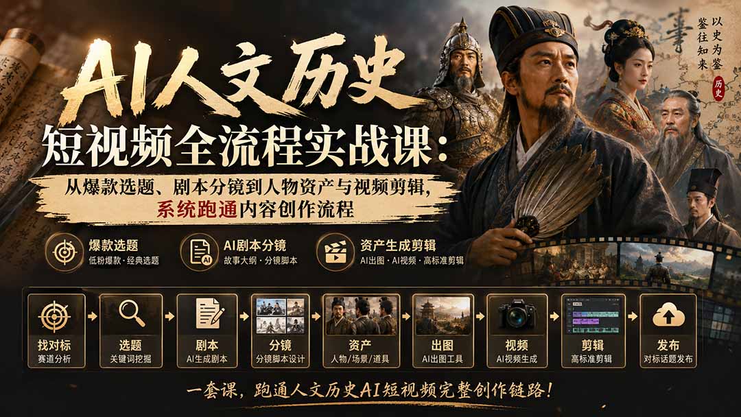 AI人文历史短视频全流程实战课-更新：从爆款选题、剧本分镜到人物资产与视频剪辑，系统跑通内容创作流程