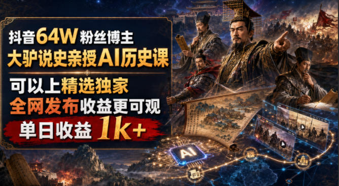 抖音64W粉丝博主大驴说史亲授AI历史课,可以上精选独家,全网发布收益更可观,单日收益1k+(更新)