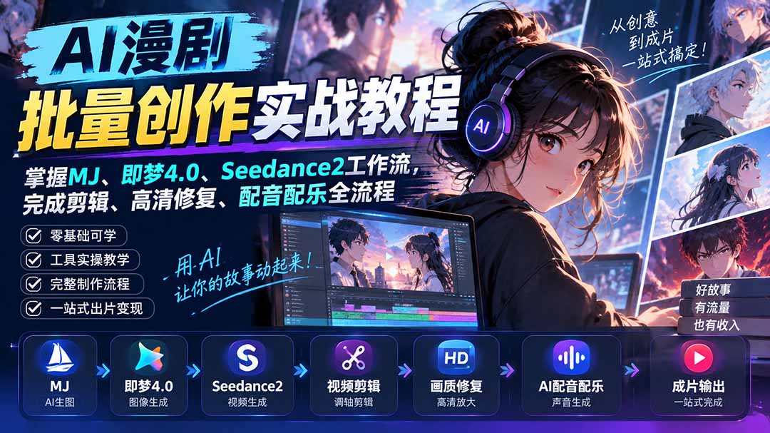 AI漫剧批量创作实战教程：掌握MJ、即梦4.0、Seedance2工作流，完成剪辑、高清修复、配音配乐全流程