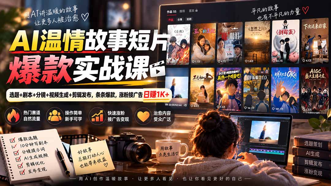 AI温情故事短片爆款实战课-更新｜选题+剧本+分镜+视频生成+剪辑发布，条条爆款，涨粉接广告日赚1K+