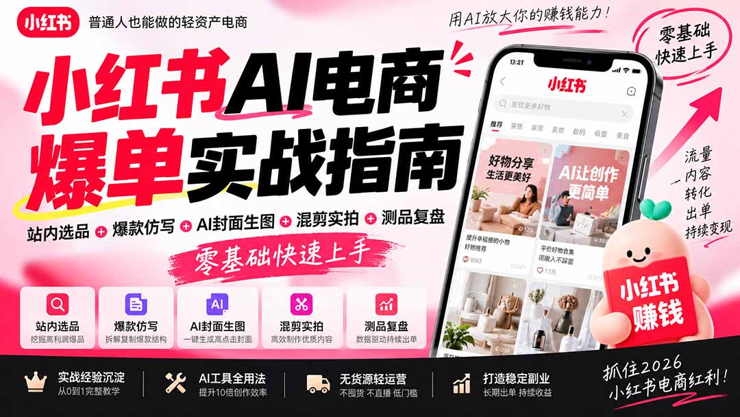 2026小红书AI电商爆单实战指南:站内选品+爆款仿写+AI封面生图+混剪实拍+测品复盘,零基础快速上手