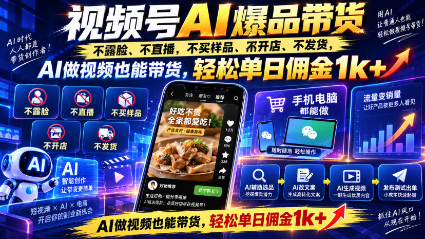 视频号Ai爆品带货,不露脸、不直播、不买样品、不开店、不发货,AI做视频也能带货,轻松单日佣金1k+