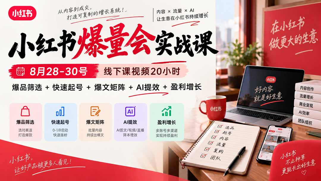小红书爆量会实战课-更新9月17：线下课视频20小时，爆品筛选+快速起号+爆文矩阵+AI提效+盈利增长