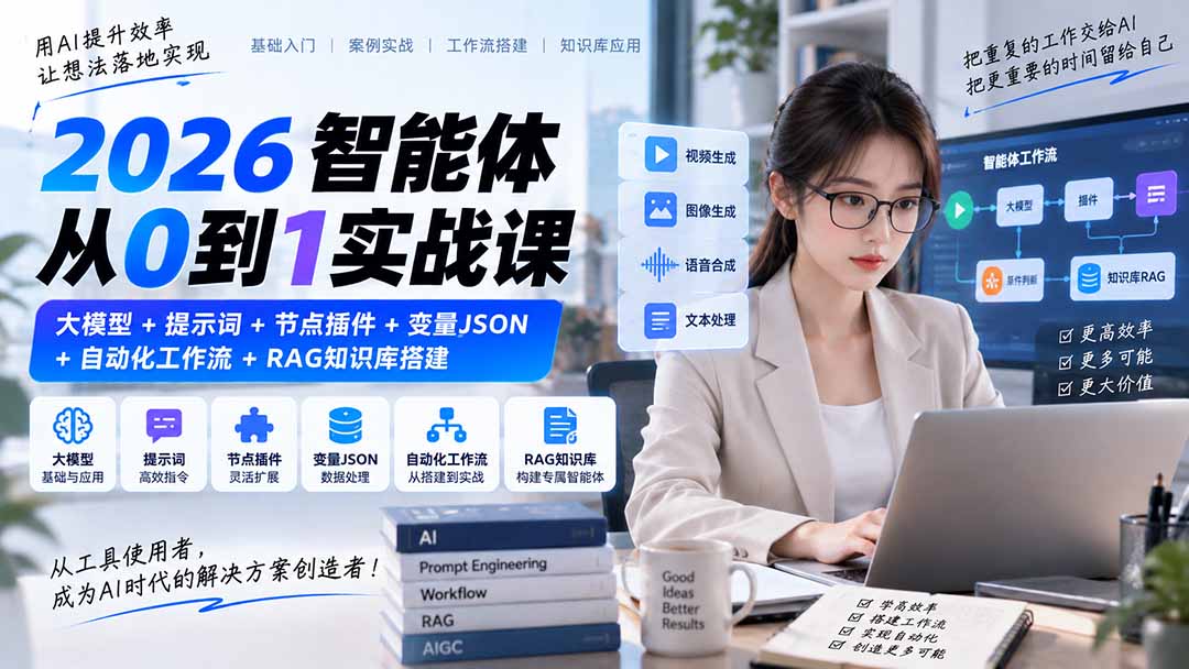 2026智能体从0到1实战课|大模型+提示词+节点插件+变量JSON+自动化工作流+RAG知识库搭建