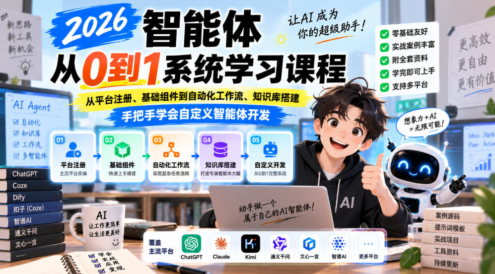 2026智能体从0到1系统学习课程,从平台注册、基础组件到自动化工作流、知识库搭建,手把手学会自定义智能体开发