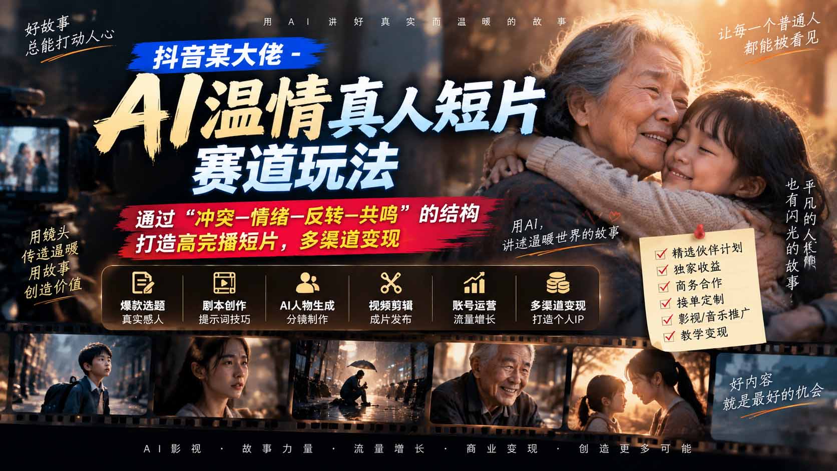 抖音某大佬-AI温情真人短片赛道玩法:通过“冲突—情绪—反转—共鸣”的结构打造高完播短片,多渠道变现