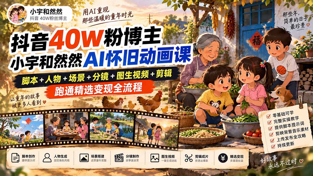 抖音40W粉博主小宇和然然AI怀旧动画课|脚本+人物+场景+分镜+图生视频+剪辑,跑通精选变现全流程