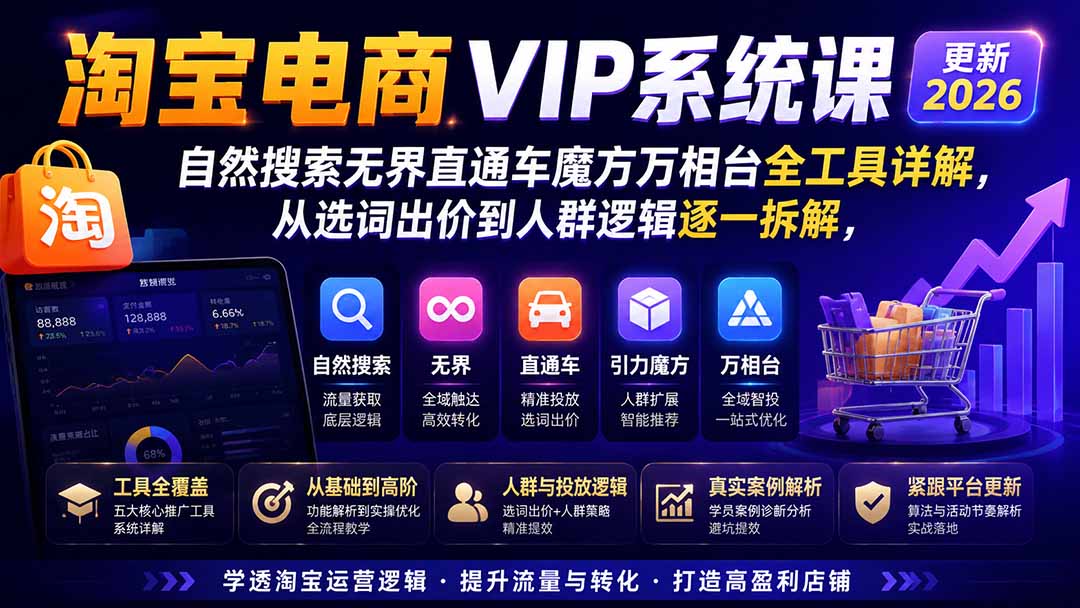 2026淘宝电商终局之战VIP课-更新0920:自然搜索+直通车+无界+精准人群,系统掌握测款动销与全店推广布局方法