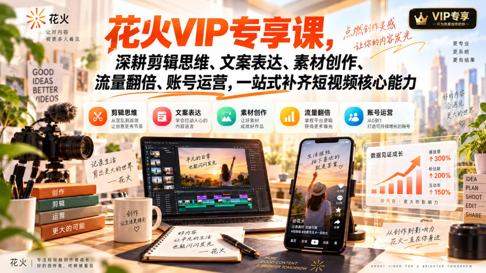 花火VIP专享课,深耕剪辑思维、文案表达、素材创作、流量翻倍、账号运营,一站式补齐短视频核心能力