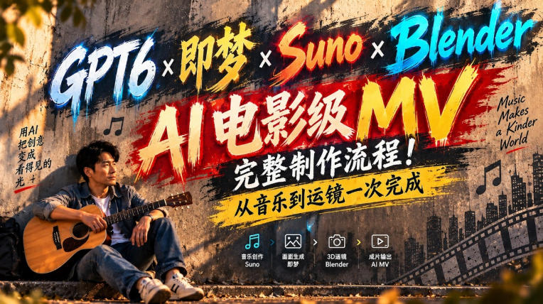 GPT6×即梦×Suno×Blender｜AI电影级MV完整制作流程！从音乐到运镜一次完成！