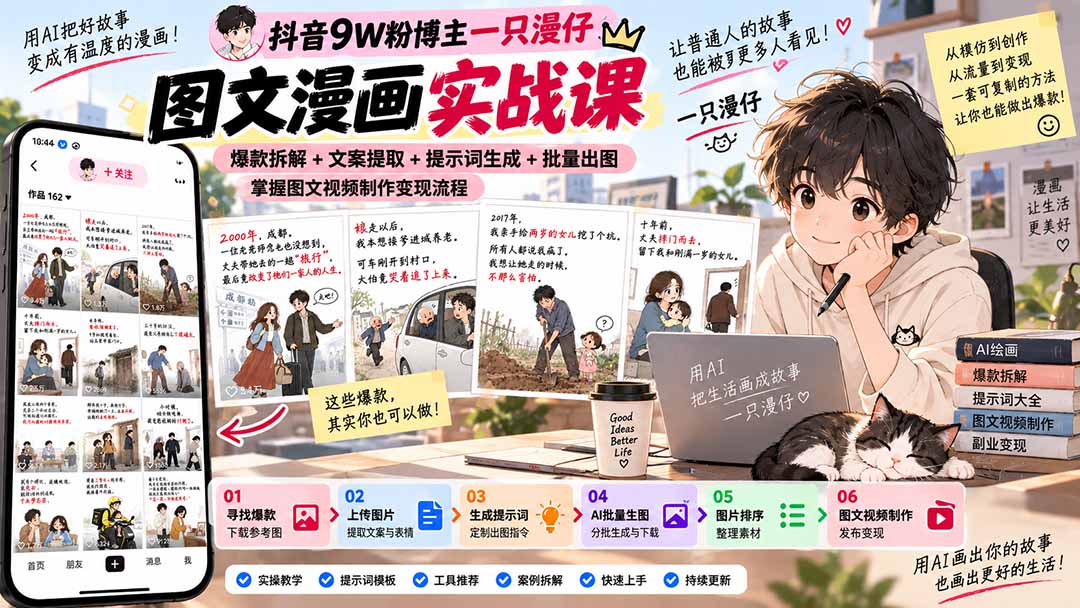 抖音9W粉博主一只漫仔图文漫画课：爆款拆解+文案提取+提示词生成+批量出图，掌握图文视频制作变现流程
