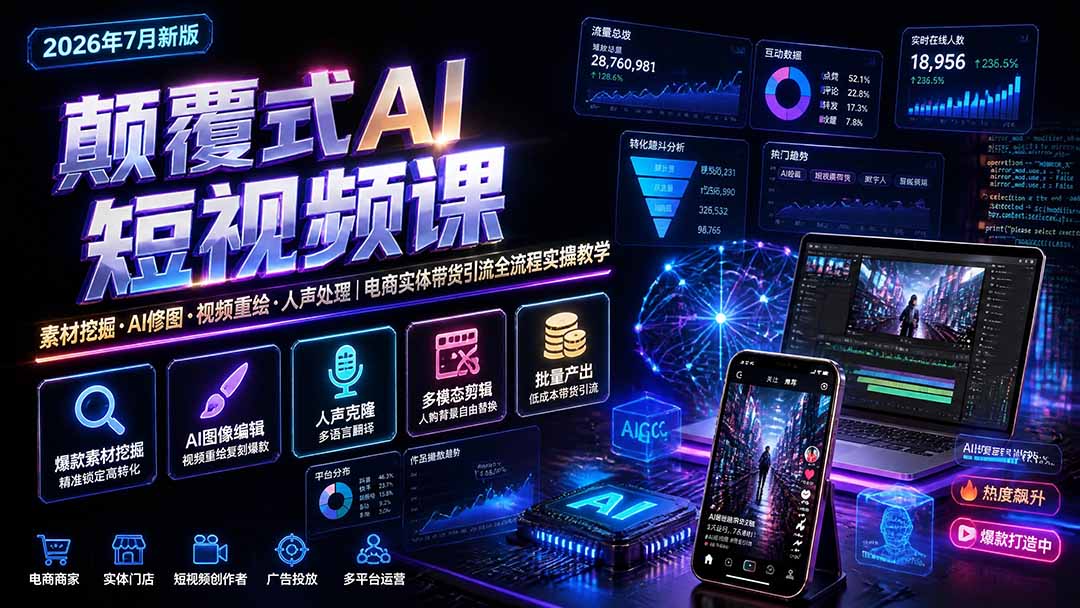 颠覆式AI短视频课-更新｜素材挖掘，AI修图，视频重绘，人声处理｜电商实体带货引流全流程实操教学
