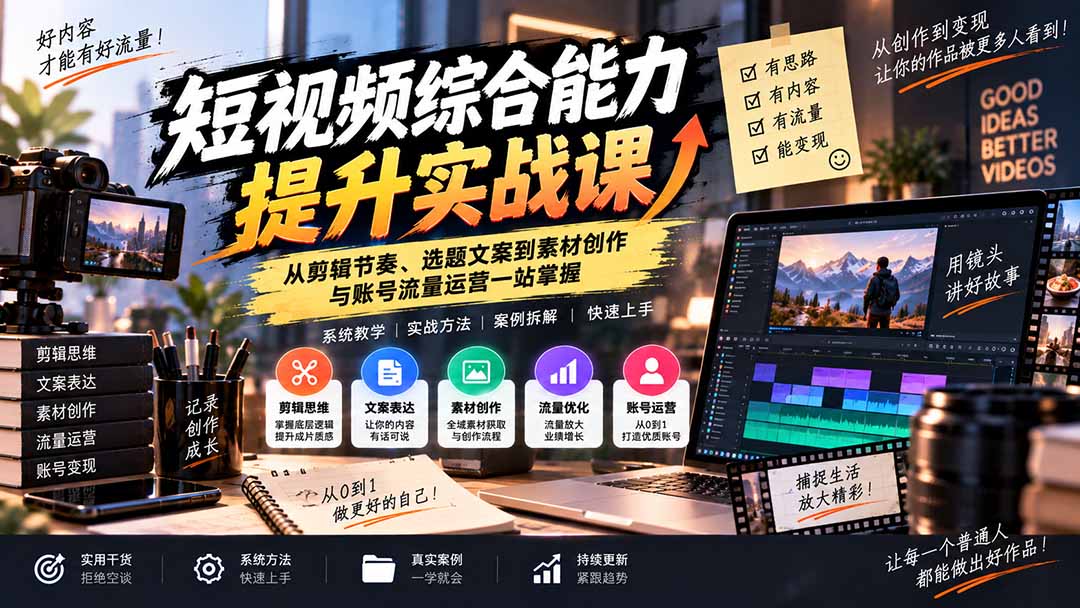 短视频综合能力提升实战课:从剪辑节奏、选题文案到素材创作与账号流量运营一站掌握