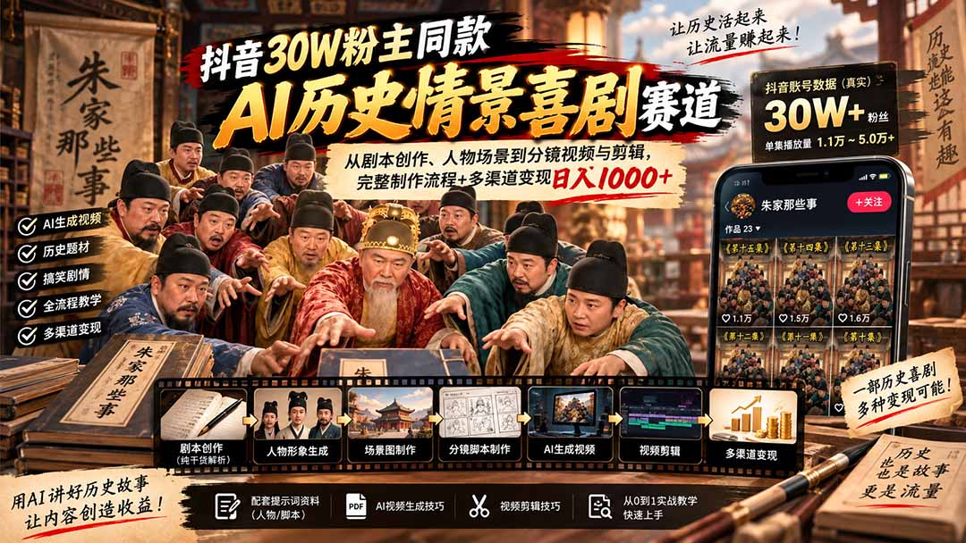 抖音30W粉博主同款AI历史情景喜剧赛道：从剧本创作、人物场景到分镜视频与剪辑，完整制作流程+多渠道变现日入1000+