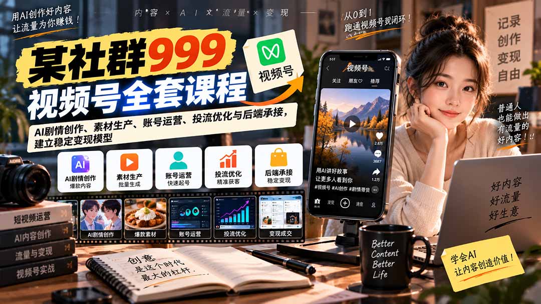 【无水印】某社群999视频号全套课程:AI剧情创作、素材生产、账号运营、投流优化与后端承接,建立稳定变现模型
