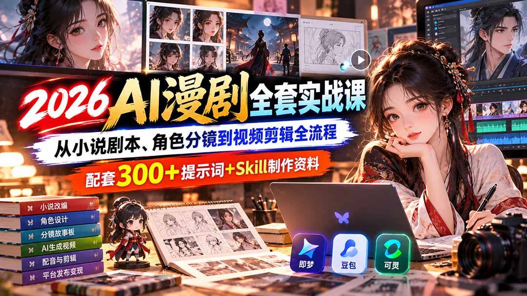【无水印】2026AI漫剧全套实战课:从小说剧本、角色分镜到视频剪辑全流程,配套300+提示词+Skill制作资料