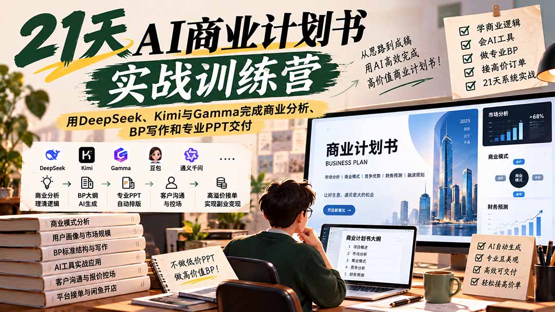 【无水印】21天AI商业计划书实战训练营:用DeepSeek、Kimi与Gamma完成商业分析、BP写作和专业PPT交付