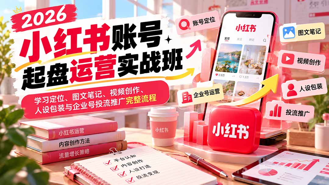 2026小红书账号起盘运营实战班:学习定位、图文笔记、视频创作、人设包装与企业号投流推广完整流程