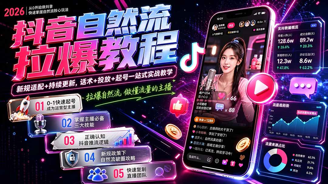 抖音自然流拉爆教程-更新9月：做懂流量的主播，新规适配+持续更新，话术+投放+起号一站式实战教学