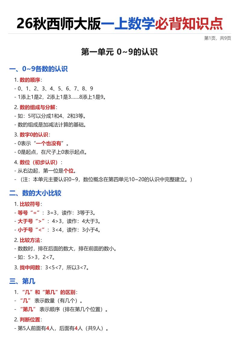 26西师大版一上数学·必背知识点（全册）