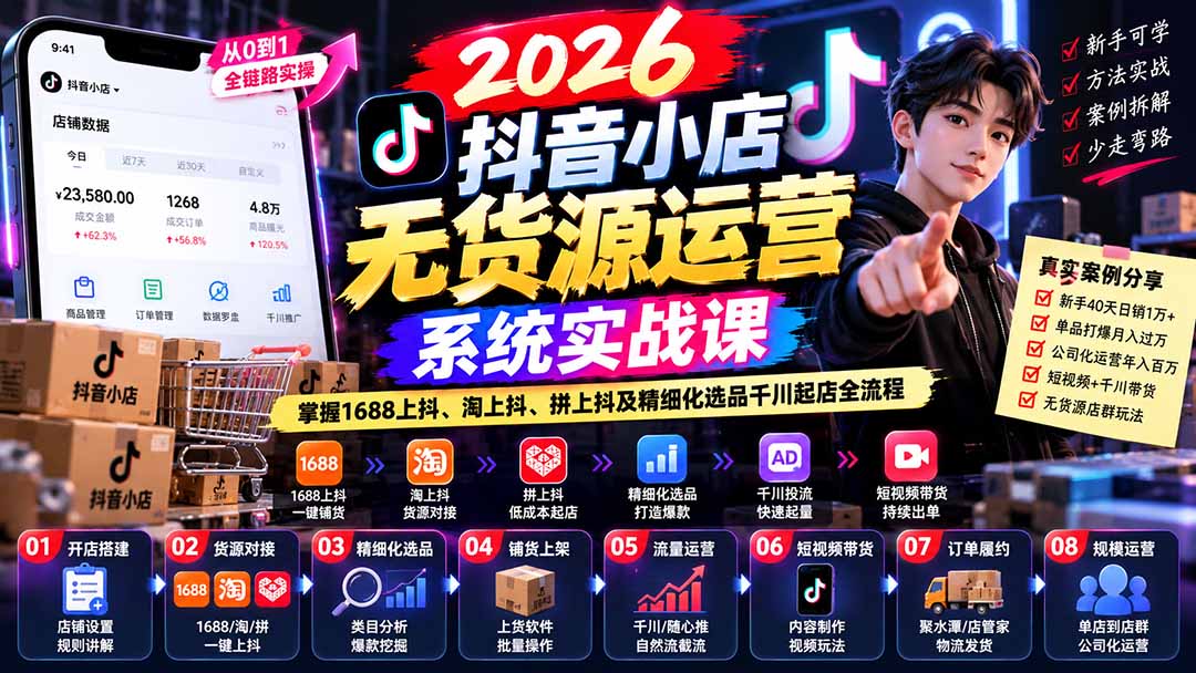 【无水印】2026抖音小店无货源运营系统实战课:掌握1688上抖、淘上抖、拼上抖及精细化选品千川起店全流程