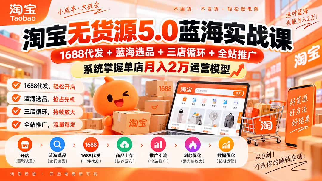 淘宝无货源5.0蓝海实战课-更新0927:1688代发+蓝海选品+三店循环+全站推广,系统掌握单店月入2万运营模型