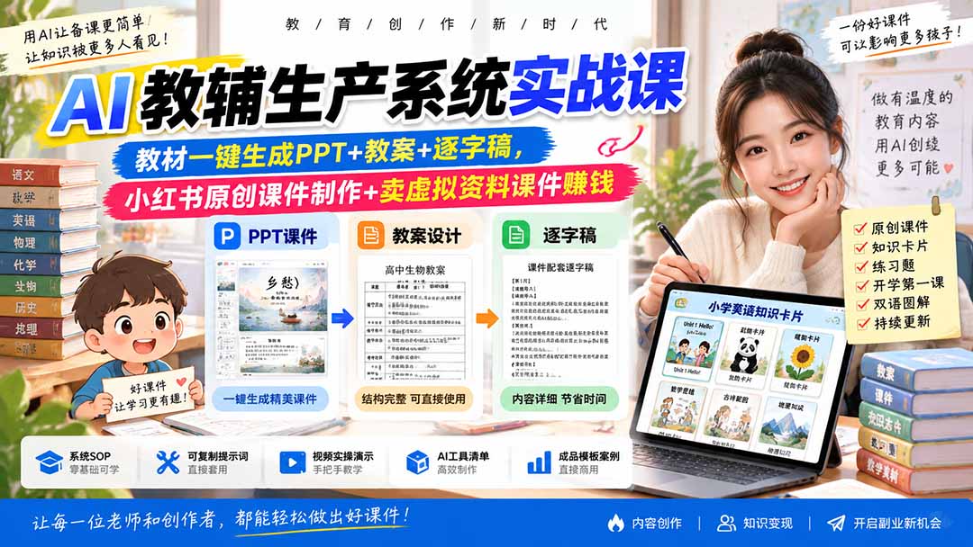 AI教辅生产系统实战课-更新0926|教材一键生成PPT+教案+逐字稿,小红书原创课件制作+卖虚拟资料课件赚钱