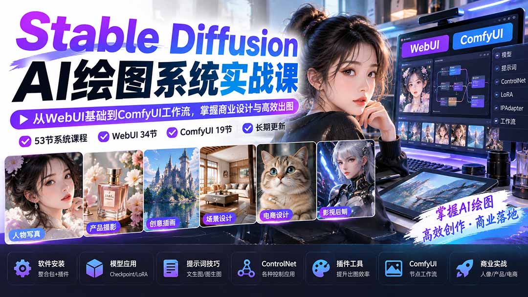 【无水印】Stable Diffusion AI绘图系统实战课:从WebUI基础到ComfyUI工作流,掌握商业设计与高效出图