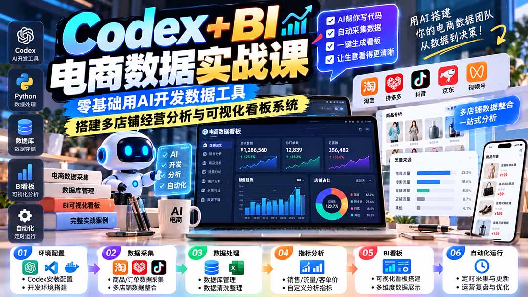 Codex+BI电商数据实战课:零基础用AI开发数据工具,搭建多店铺经营分析与可视化看板系统