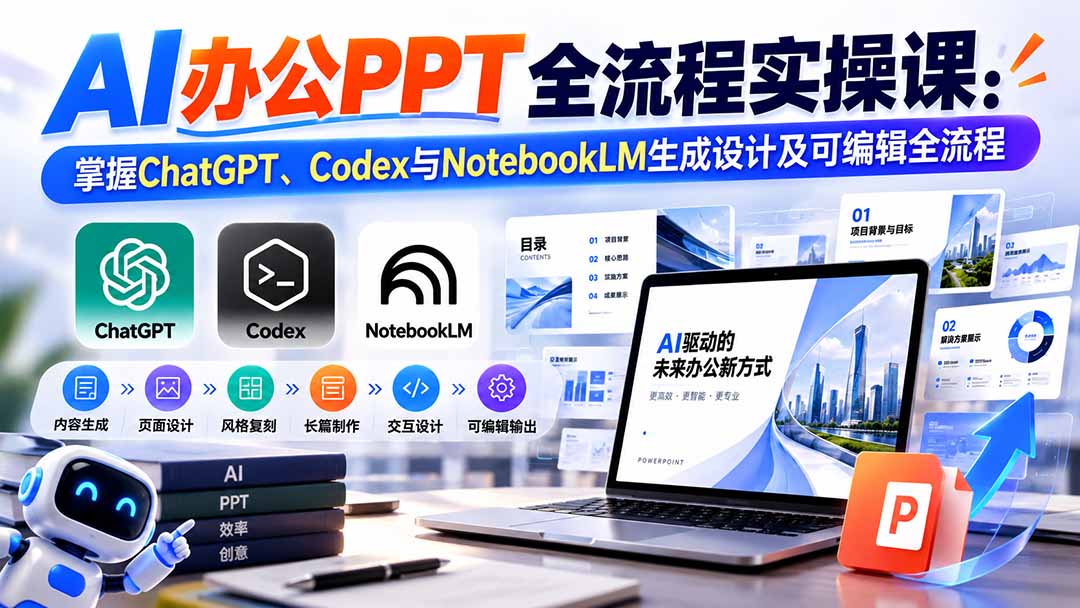 【无水印】AI办公PPT全流程实操课: 掌握ChatGPT、Codex与NotebookLM生成设计及可编辑全流程