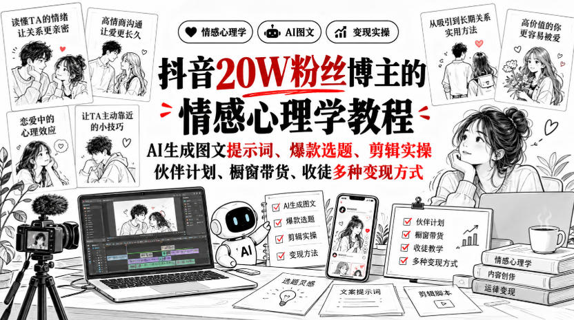 抖音20W粉丝博主静候心声的情感心理学教程，AI生成图文提示词、爆款选题、剪辑实操，伙伴计划、橱窗带货、收徒多种变现方式