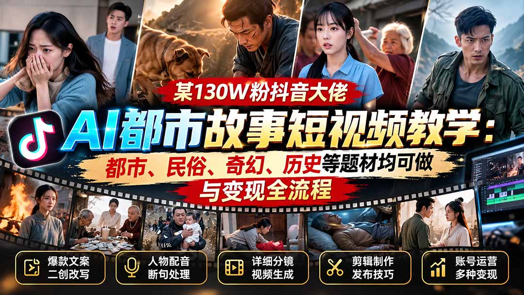 某130W粉抖音大佬AI都市故事短视频教学:都市、民俗、奇幻、历史等题材均可做与变现全流程