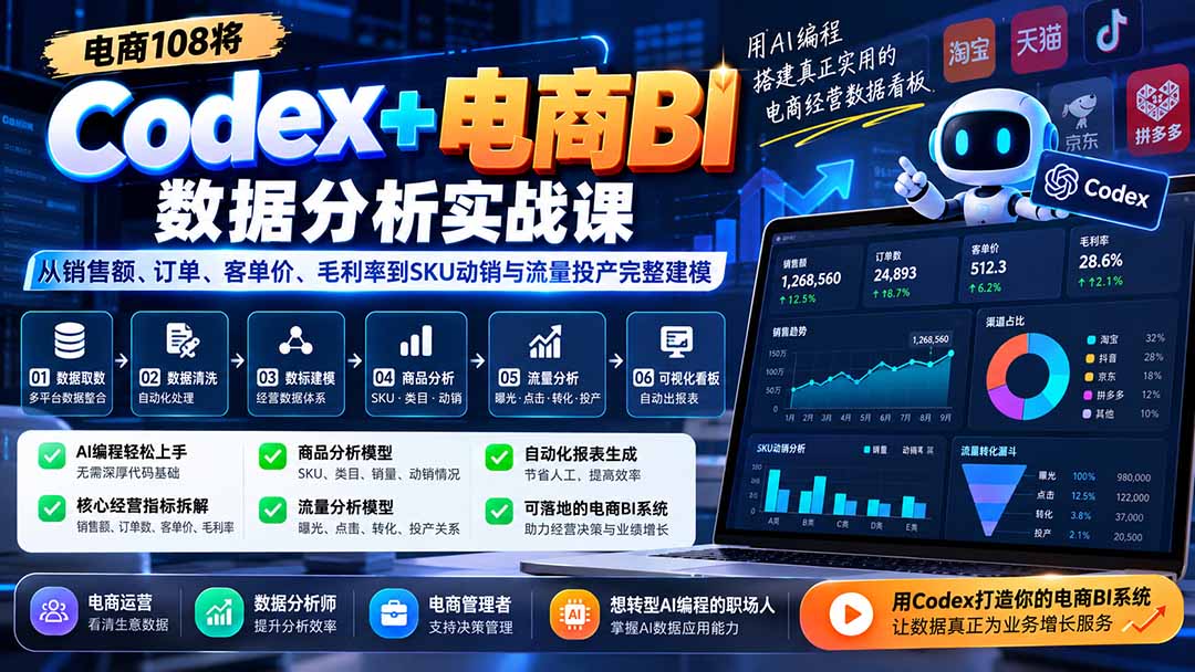 Codex+电商BI数据分析实战课-更新:从销售额、订单、客单价、毛利率到SKU动销与流量投产完整建模