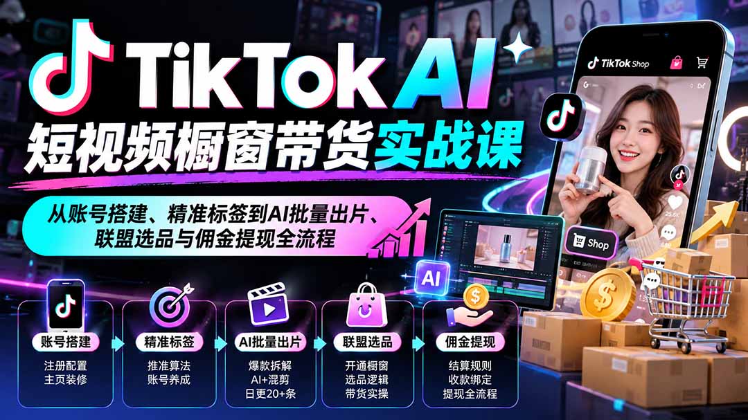 TikTok AI短视频橱窗带货实战课:从账号搭建、精准标签到AI批量出片、联盟选品与佣金提现全流程