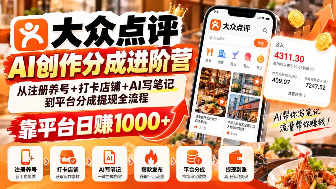大众点评AI创作分成进阶营:从注册养号+打卡店铺+AI写笔记到平台分成提现全流程,靠平台日赚1000+