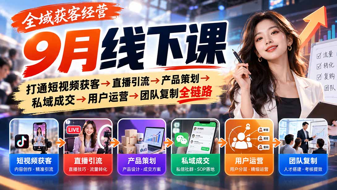 全域获客经营9月线下课:打通短视频获客→直播引流→产品策划→私域成交→用户运营→团队复制全链路